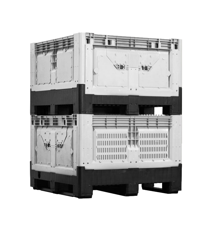 Two stacked plastic crates with a white and black design, used for storage and transportation, showcasing ventilation and reinforced structure.
