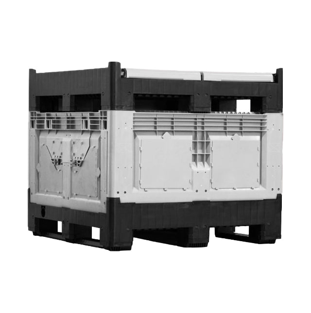 A sturdy, large plastic container with a black frame and white base, designed for industrial storage and transportation.