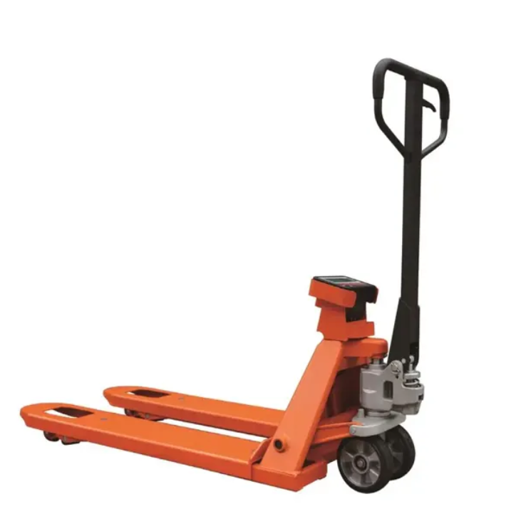 An orange pallet jack with a black handle, used for lifting and moving heavy pallets in warehouses.
