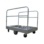 A galvanised utility trolley with a flat surface and protective railing, featuring four wheels for easy mobility. 
