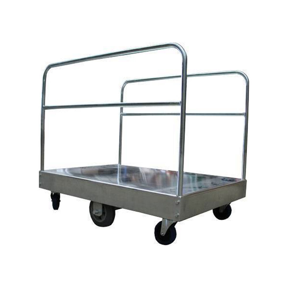 A galvanised utility trolley with a flat surface and protective railing, featuring four wheels for easy mobility. 