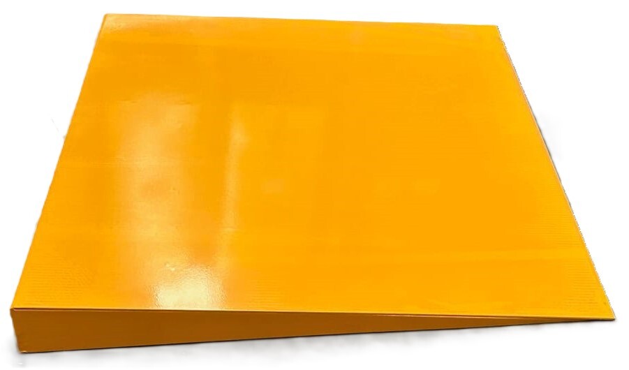 A vibrant yellow rectangular platform with a glossy finish, angled to show its thickness and smooth surface.
