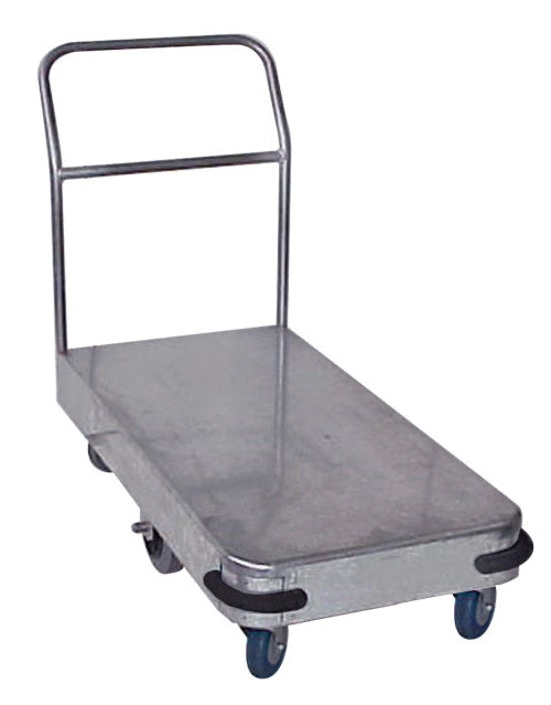 A sturdy galvanised metal platform trolley with six wheels, designed for transporting heavy items easily.