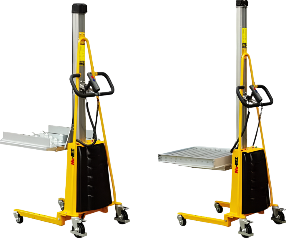 Two yellow and gray electric lift carts with a telescoping mast, showcasing equipment for moving and raising heavy items.