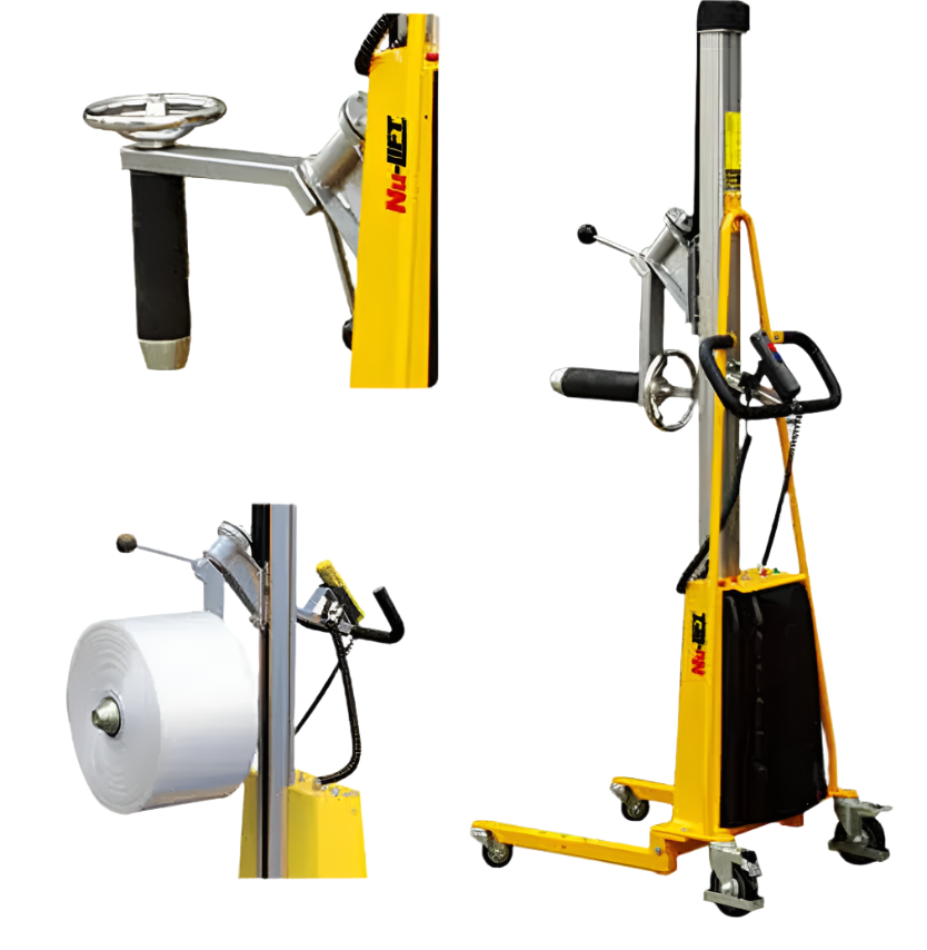 A yellow mobile lift with a roll holder and ergonomic handles, designed for easy lifting and maneuvering of materials.