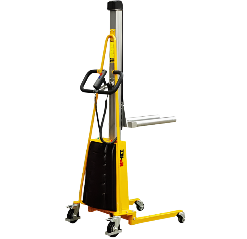 Electric vertical lift with a tall silver mast, yellow base, and black weight, designed for lifting and moving heavy equipment easily.