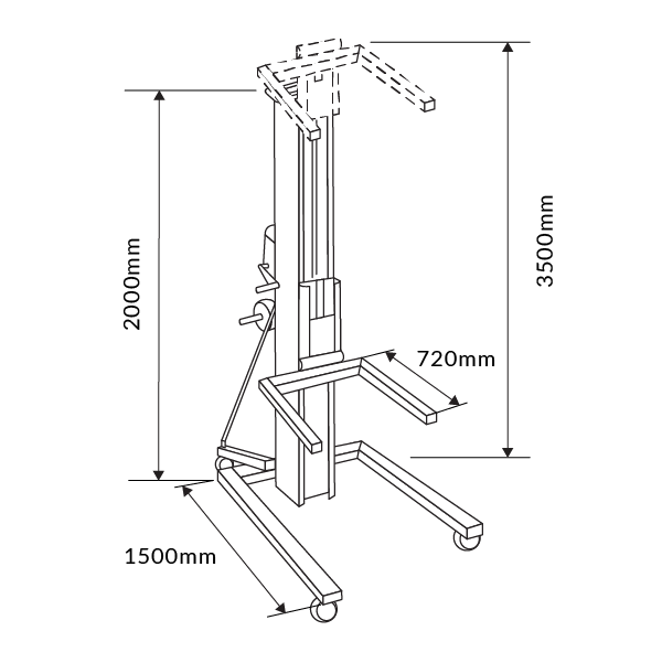 Diagram of a lifting device with labeled dimensions: height 3500mm, width 1500mm, and depth 2000mm, featuring movable arms.