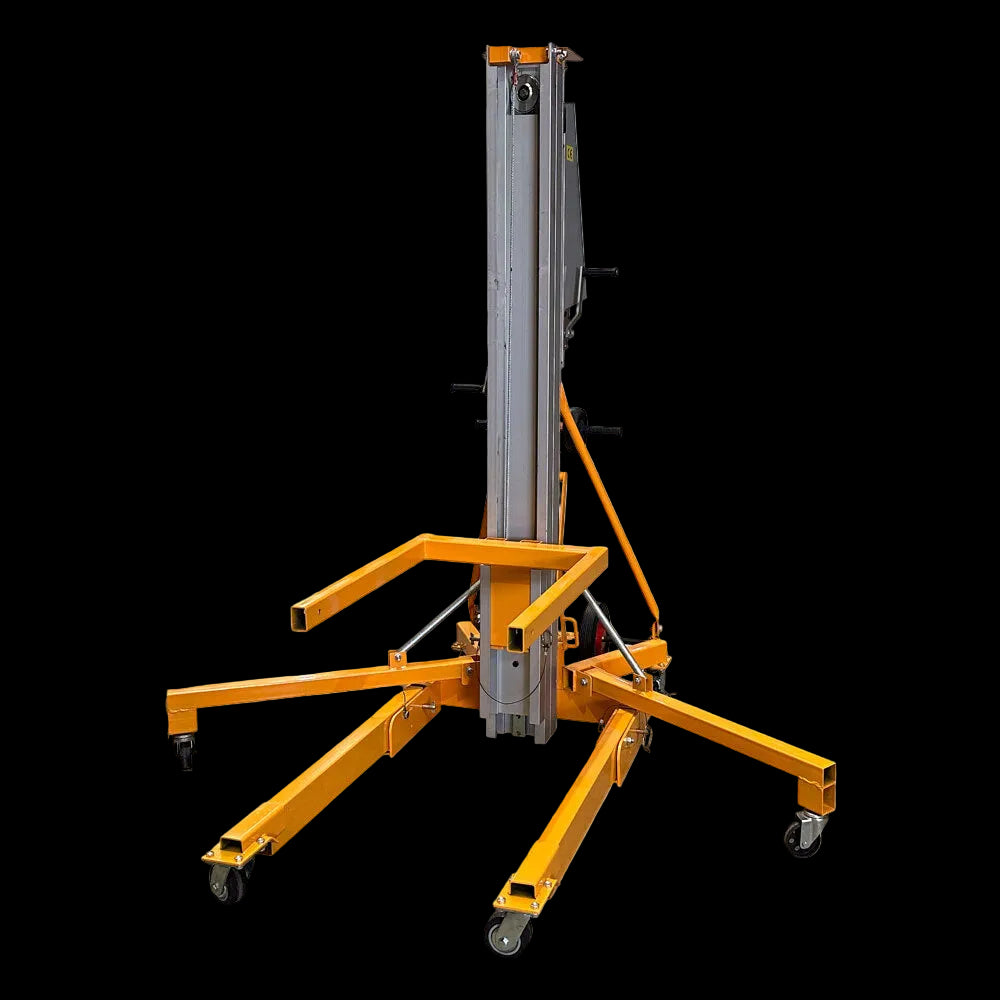 A yellow hydraulic lift with a vertical column, adjustable arms, and wheels, used for lifting heavy equipment or materials.