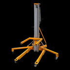 A yellow hydraulic lift with a vertical column, adjustable arms, and wheels, used for lifting heavy equipment or materials.
