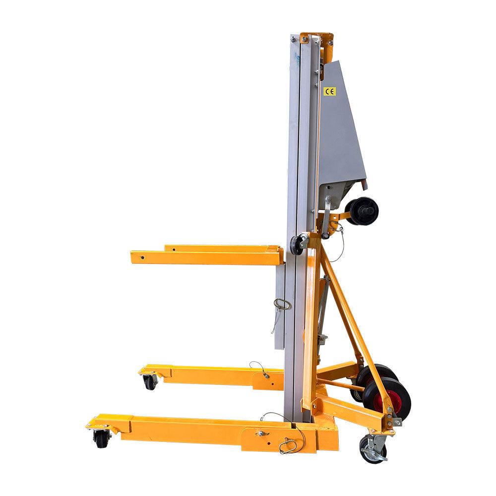 A yellow mobile lifting hoist with a vertical frame, adjustable arms, and wheels for easy maneuverability.