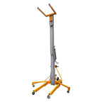 A yellow and silver lifting hoist with adjustable arms, designed for elevating heavy objects, on wheels for mobility.