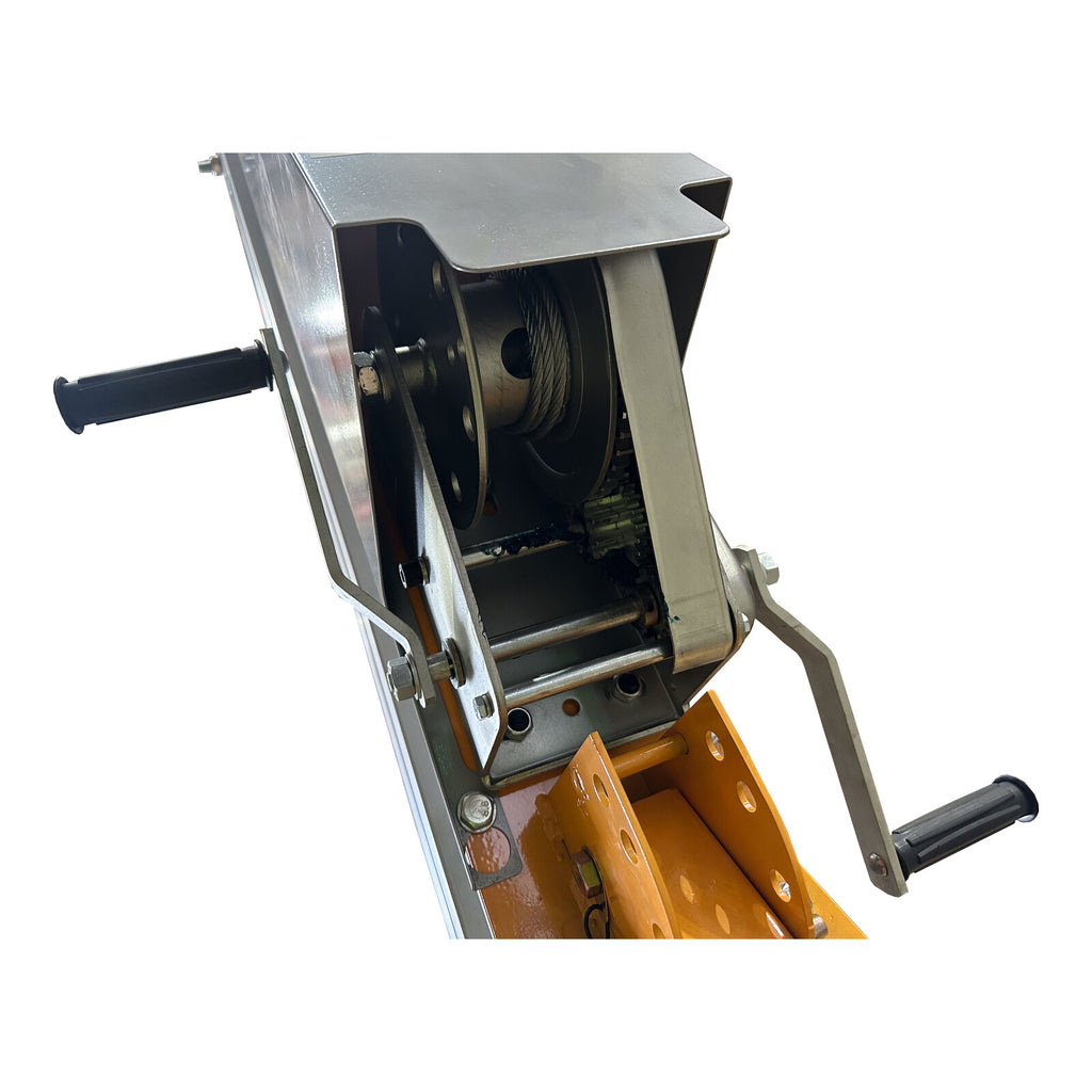 Close-up of a metal winch featuring a steel cable, handle, and a durable orange base for added stability.