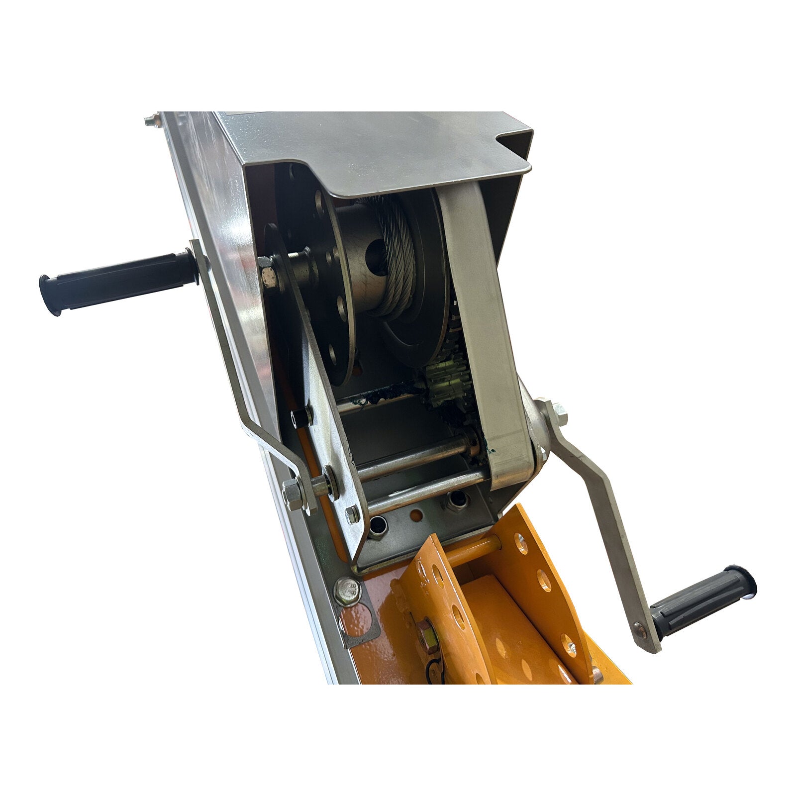 Close-up of a metal winch featuring a steel cable, handle, and a durable orange base for added stability.