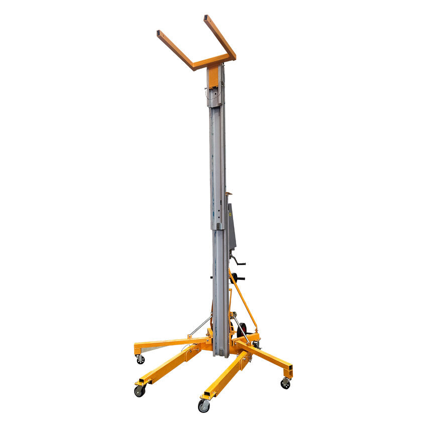 A yellow and silver lifting hoist with adjustable arms, designed for elevating heavy objects, on wheels for mobility.