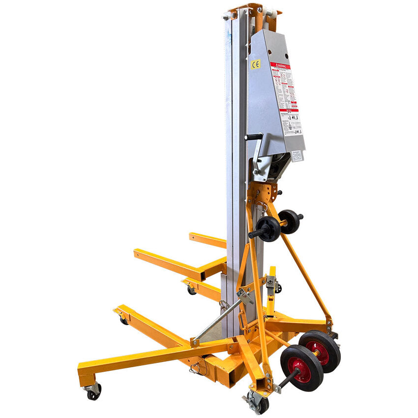 A yellow and silver construction lift with wheels, adjustable vertical support, and a hoisting mechanism for lifting heavy materials.
