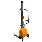 Electric lifter stacker with a yellow base, vertical lifting arm, and control panel, designed for transporting heavy loads.