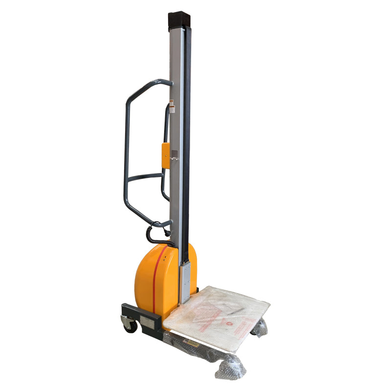A compact powered lifter stacker with a yellow base, silver mast, and a flat loading platform on wheels for easy mobility.