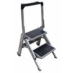 A grey aluminum step ladder with two textured steps and a handle for stability, positioned against a white background.