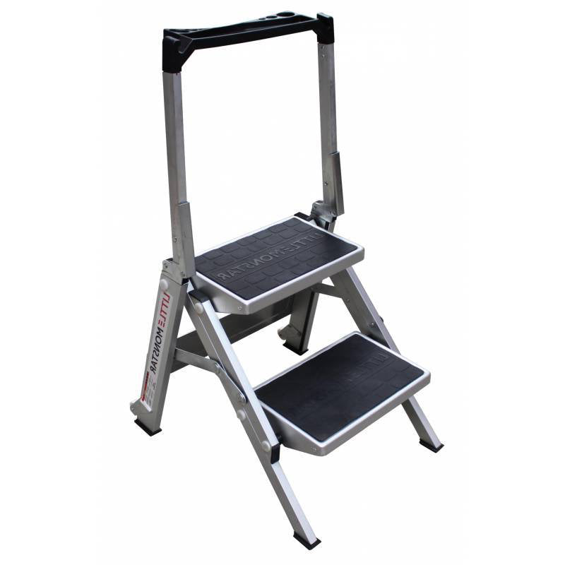 A grey aluminum step ladder with two textured steps and a handle for stability, positioned against a white background.