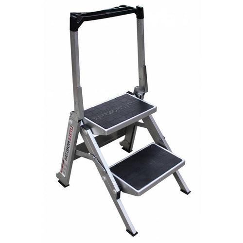 A grey aluminum step ladder with two textured steps and a handle for stability, positioned against a white background.