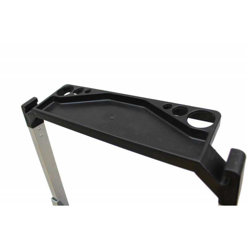 Black plastic tray with holes for tools or paint cups, attached to a lightweight metal frame, angled view.