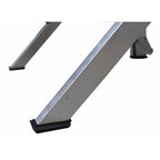 Close-up of a metallic table leg featuring a rubber foot for stability, set against a clean white background.