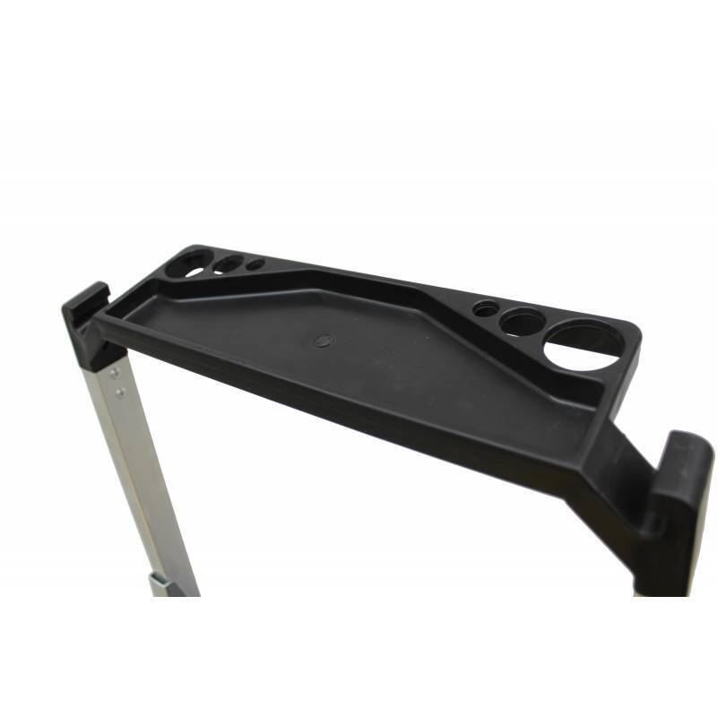 Black plastic tray with holes for tools or paint cups, attached to a lightweight metal frame, angled view.