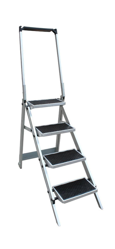 A grey aluminum step ladder with four textured steps and a handle for stability, positioned against a white background.