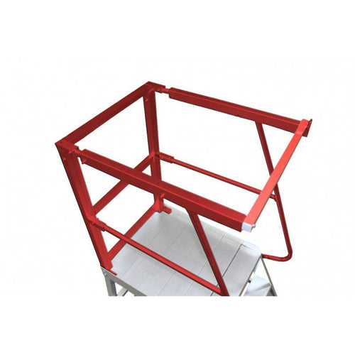 Red metal scaffold frame for ladder viewed from above, featuring a sturdy structure with horizontal and vertical supports.
