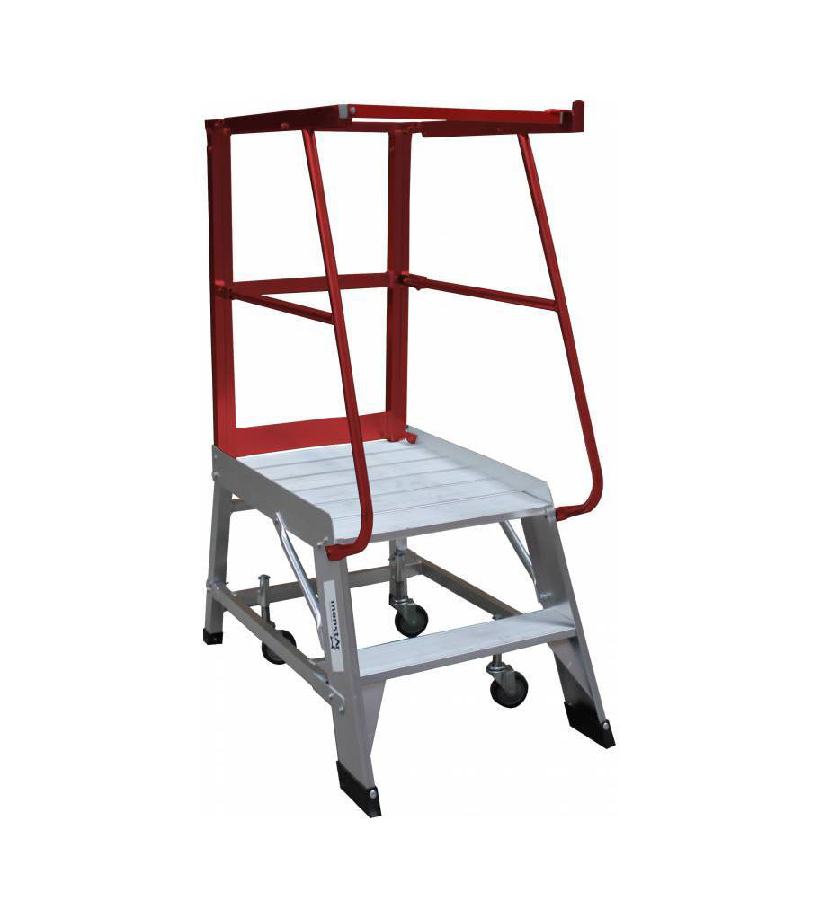 A silver metal rolling ladder with two steps and a red safety railing at the top, designed for reaching high places.