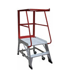 A silver metal rolling ladder with two steps and a red safety railing at the top, designed for reaching high places.