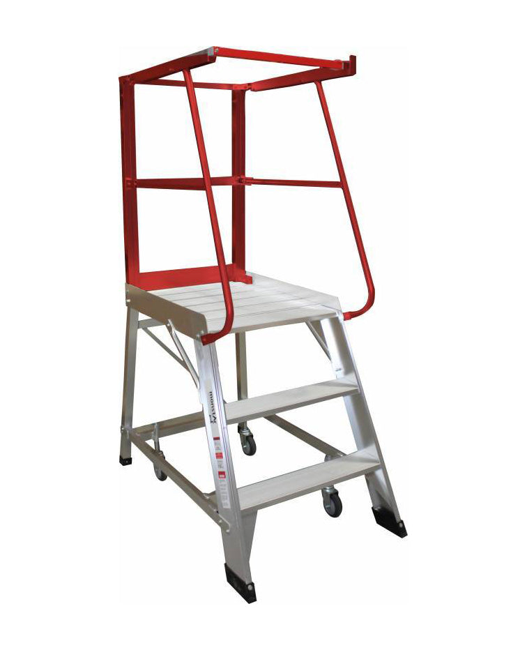 A silver metal rolling ladder with three steps and a red safety railing at the top, designed for reaching high places.