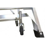 Close-up view of an adjustable wheel assembly on a metal frame, showcasing smooth-rolling caster wheels and a spring mechanism.