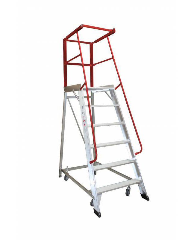 A silver metal rolling ladder with six steps and a red safety railing at the top, designed for reaching high places.