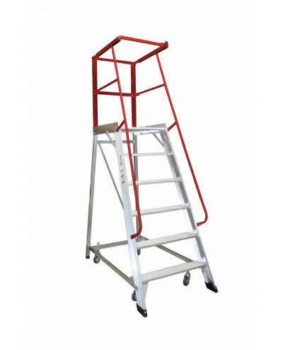 A silver metal rolling ladder with six steps and a red safety railing at the top, designed for reaching high places.