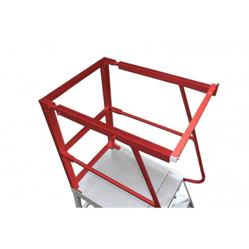 Red metal scaffold frame for ladder viewed from above, featuring a sturdy structure with horizontal and vertical supports.