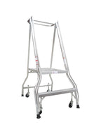 Monstar's tall, aluminum step ladder with two steps and four wheels for easy mobility, set against a plain white background.