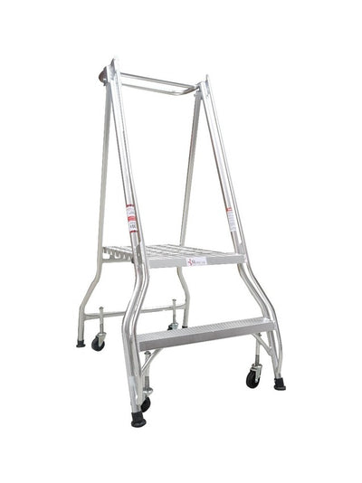 Monstar's tall, aluminum step ladder with two steps and four wheels for easy mobility, set against a plain white background.