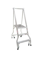 Monstar's tall, aluminum step ladder with three steps and four wheels for easy mobility, set against a plain white background.