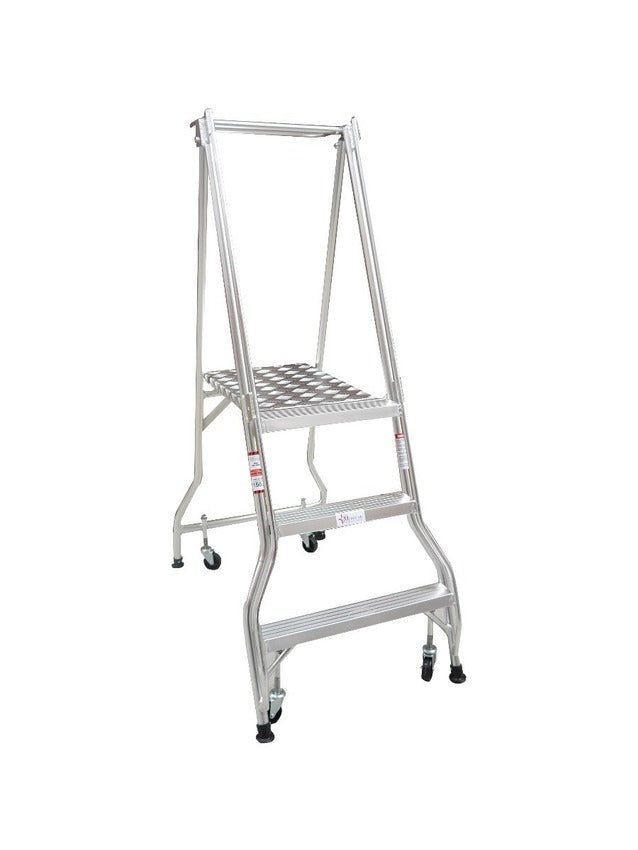 Monstar's tall, aluminum step ladder with three steps and four wheels for easy mobility, set against a plain white background.
