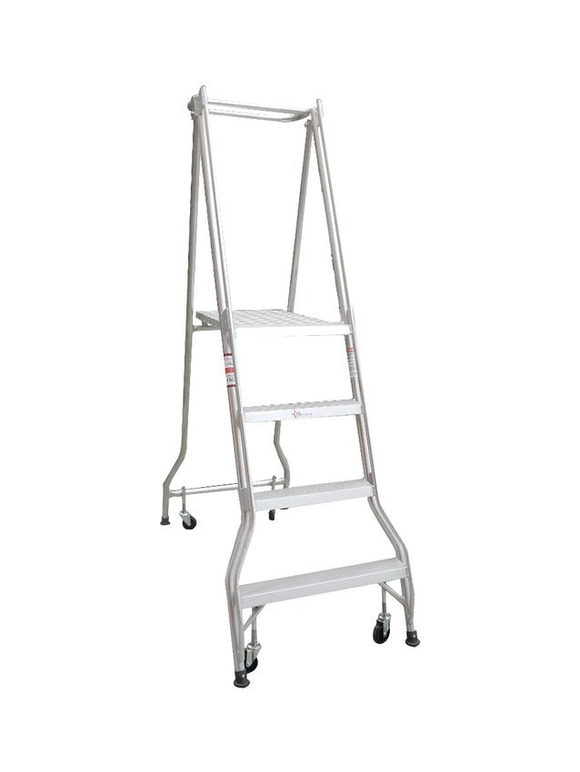 Monstar's tall, aluminum step ladder with four steps and four wheels for easy mobility, set against a plain white background.