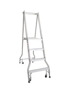Monstar's tall, aluminum step ladder with four steps and four wheels for easy mobility, set against a plain white background.