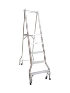 Monstar's tall, aluminum step ladder with five steps and four wheels for easy mobility, set against a plain white background.