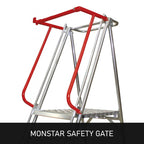 A close-up of the Monstar Safety Gate, featuring a red top bar and silver frame, designed for enhanced safety on ladders.
