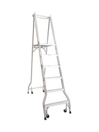 Monstar's tall, aluminum step ladder with six steps and four wheels for easy mobility, set against a plain white background.