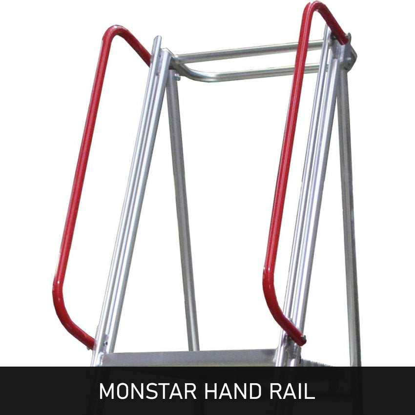 Close-up of the Monstar ladder handrail, featuring red plastic grips on an aluminum frame designed for safety and support on stairs.