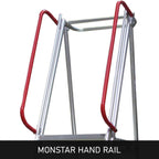Close-up of the Monstar ladder handrail, featuring red plastic grips on an aluminum frame designed for safety and support on stairs.