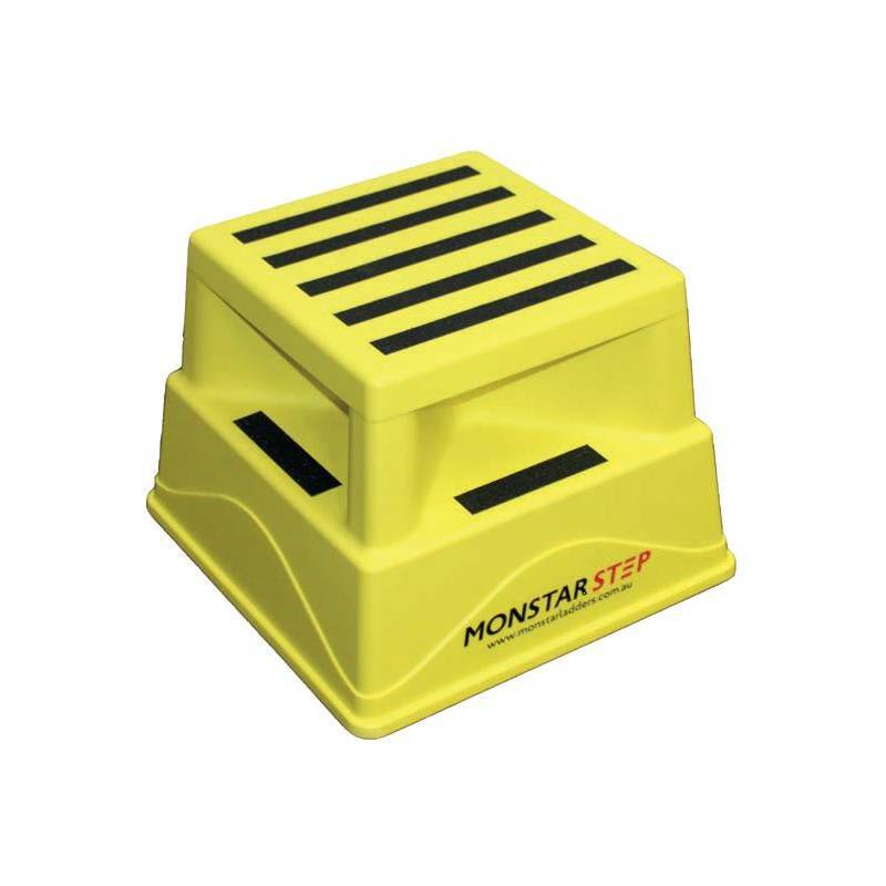 A bright yellow step stool with black anti-slip strips on top, branded "MONSTAR STEP" for safe climbing and reaching elevated surfaces.