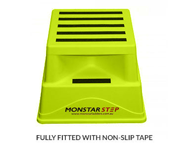 A bright yellow step stool with black anti-slip strips on top, branded "MONSTAR STEP" for safe climbing and reaching elevated surfaces.