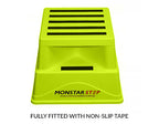 A bright yellow step stool with black anti-slip strips on top, branded "MONSTAR STEP" for safe climbing and reaching elevated surfaces.